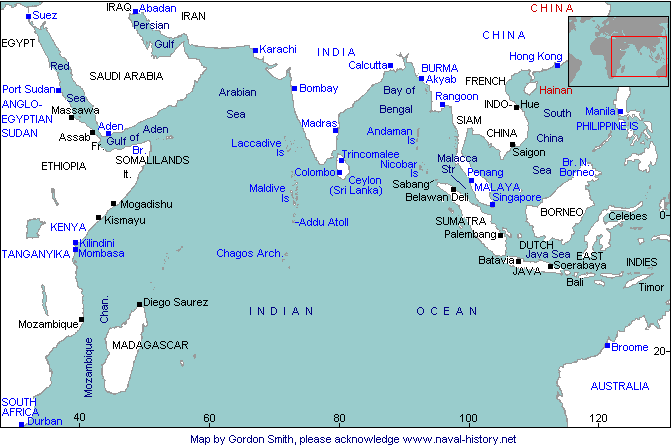 World War 2 Map Of The World. Indian Ocean - World War 2